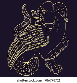 Vintage vector illustration of gargoyle, hand drawn mythological magic beast ,design in medieval style, gothic vector illustration.Old book style.