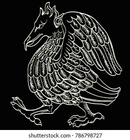 Vintage vector illustration of gargoyle, hand drawn mythological magic beast ,design in medieval style, gothic vector illustration.Old book style.
