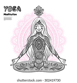 Vintage vector illustration of a girl in a meditation pose