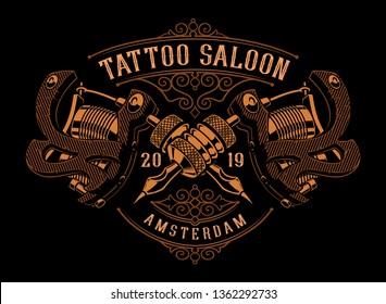 Vintage vector illustration of  gold tattoo machines on a dark background.
All items are in separate groups. Ideally on t-shirt printing
