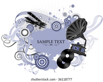 Vintage Vector Illustration with Gramophone. Music Concept. All elements and textures are individual objects. Vector illustration scale to any size.