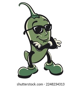 vintage vector illustration of green chili character cartoon mascot cool style wearing sunglasses