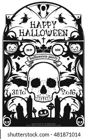 Vintage vector illustration - Halloween party invitation with a skull and bats