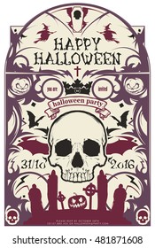 Vintage vector illustration - Halloween party invitation with a skull and bats