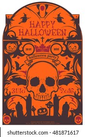 Vintage vector illustration - Halloween party invitation with a skull and bats