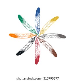 Vintage vector illustration - Hand drawn circle aztec style color feathers