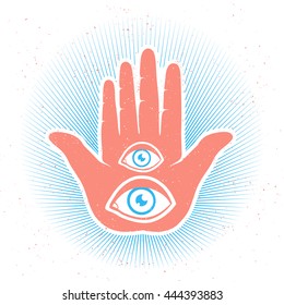 Vintage vector illustration of hand and eyes
