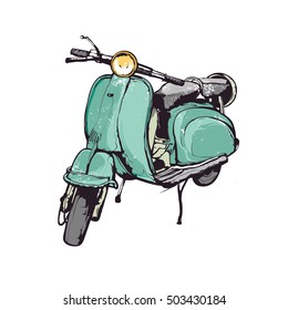 Vintage vector illustration, hand graphics - Old turquoise scooter