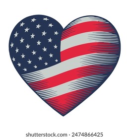 vintage vector illustration of a heart in American flag colors