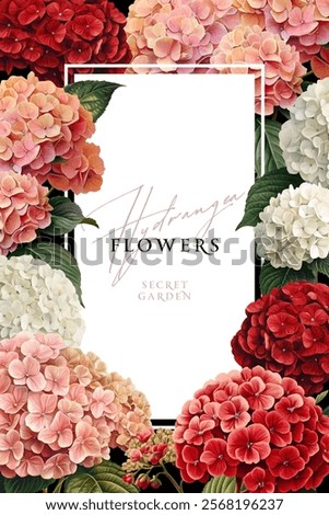 Vintage vector illustration with hydrangea flowers on a changeable background. Floral design template for wedding invitation, greeting card, notebook cover, flyer or certificate.