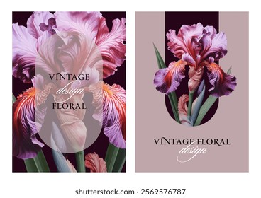 Vintage vector illustration with iris flower on a changeable background. Floral design template for wedding invitation, greeting card, notebook cover, flyer or certificate.