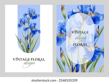 Vintage vector illustration with iris flowers on a changeable background. Floral design template for wedding invitation, greeting card, notebook cover, flyer or certificate.