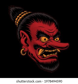 Vintage vector illustration of a Japanese Tengu head