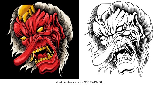 Vintage vector illustration of a Japanese Tengu head