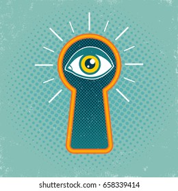 Vintage vector illustration of a keyhole and eye on old background.