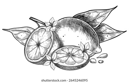 Ilustração vetor vintage de limão com fatias e flores. Desenho linear botânico de frutas cítricas com folhas e sementes para embalagem, receitas ou marca de cuidados com a pele. Gravura para cozinhar receita.