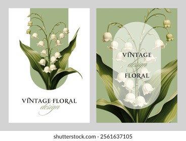 Vintage vector illustration with lily of the valley flower on a changeable background. Floral design template for wedding invitation, greeting card, notebook cover, flyer or certificate.