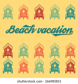 Vintage vector illustration with linocut beach huts. Colorful illustration with text for your design. Beach vacation