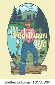 Vintage vector illustration of lumberjack holding an axe with beautiful lake, mountain and clear sky background