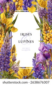 Vintage vector illustration with lupine and iris flowers on a changeable background. Floral design template for wedding invitation, greeting card, notebook cover, flyer or banner.