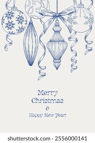 Vintage Vector illustration Marry Christmas and happy new year with balls, toys, ribbons. Blue beige. Hand drawn elements. Background for design holiday decor, decoration, greeting card, cover, poster