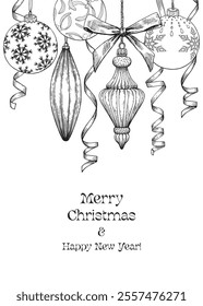 Vintage Vector illustration Marry Christmas and happy new year with balls, toys, ribbons. Black white Hand drawn elements. Background for design holiday decor, decoration, greeting card, cover, poster
