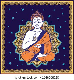 Vintage vector illustration of meditating Buddha 