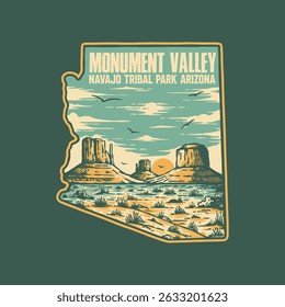 Vintage Vetor ilustração Monument Valley Navajo Tribal Park Arizona para design de crachá e mercadoria