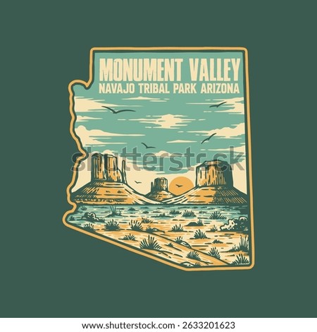 Vintage Vector illustration Monument Valley Navajo Tribal Park Arizona for badge and merchandise design