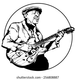 Vintage vector illustration - Old bluesman is playing on guitar