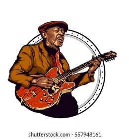 Vintage vector illustration - old bluesman is playing on guitar