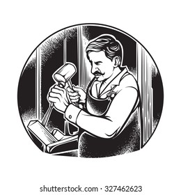 vintage vector illustration of old classic carpenter using a chisel