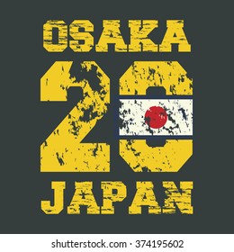 Vintage vector illustration on the theme of Japan, Osaka. Japanese flag. Grunge background. Sport typography, t-shirt graphics, poster, banner, flyer and postcard