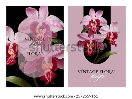Vintage vector illustration with orchids on a changeable background. Floral design template for wedding invitation, greeting card, notebook cover, flyer or gift certificate.