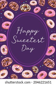 Vintage Vector illustration. Oval frame with donuts on a violet background. Happy Sweetest Day. Template for posters, postcards, cards, banners, packaging, menu.