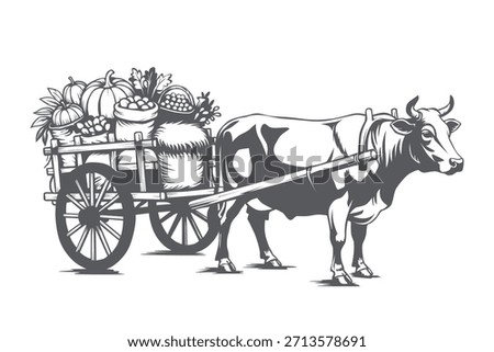 Vintage vector illustration of an ox pulling a wooden cart loaded with farm harvest, drawn in detailed monochrome style and isolated on white background.
