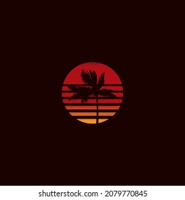 Vintage vector illustration. Palm tree on the background of a sunset in the retro style of the 80's. t-shirt design.