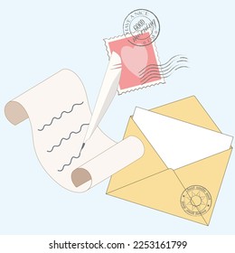 Vintage vector illustration with papyrus scroll, white feather, yellow envelope and postage stamp. 