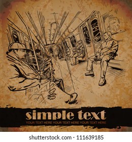 Vintage vector illustration of a passenger in a train. Place for your text.