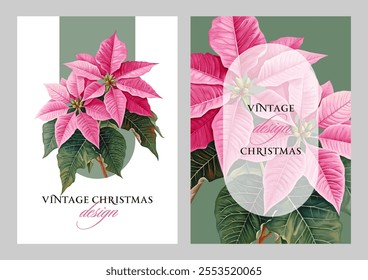 Vintage vector illustration with pink poinsettia flower on a changeable background. Christmas floral design template for a greeting card, invitation, notebook cover, flyer or certificate.