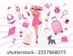 Vintage vector illustration of a pretty lady, doll wearing a pink dress, glasses and hat. Pink girl core. Pink elements for doll and girls. 
