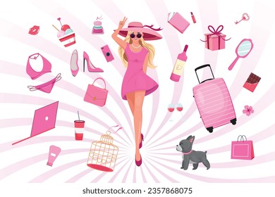 Vintage vector illustration of a pretty lady, doll wearing a pink dress, glasses and hat. Pink girl core. Pink elements for doll and girls. 
