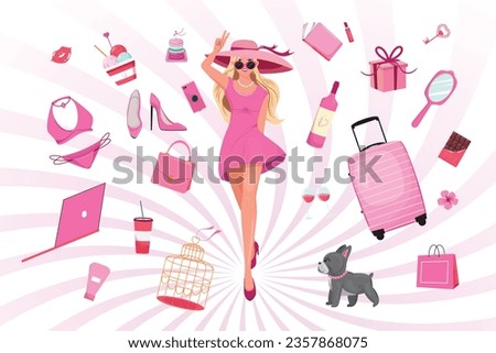 Vintage vector illustration of a pretty lady, doll wearing a pink dress, glasses and hat. Pink girl core. Pink elements for doll and girls. 
