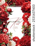 Vintage vector illustration with red flowers on a changeable background. Floral design template for wedding invitation, greeting card, notebook cover, flyer or banner.