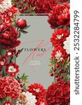 Vintage vector illustration with red flowers on a changeable background. Floral design template for wedding invitation, greeting card, notebook cover, flyer or banner.