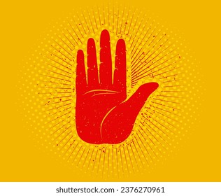 Vintage vector illustration of a red hand. Retro vector poster of red hand like stop sign.