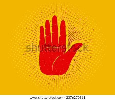 Vintage vector illustration of a red hand. Retro vector poster of red hand like stop sign.
