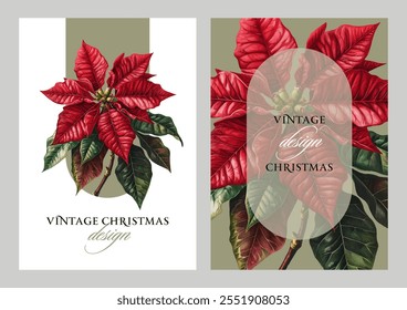 Vintage vector illustration with red poinsettia flower on a changeable background. Christmas floral design template for a greeting card, invitation, notebook cover, flyer or certificate.