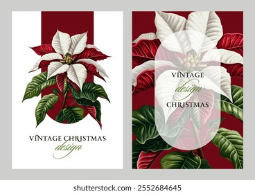 Vintage vector illustration with red and white poinsettia flower on a changeable background. Christmas floral design template for a greeting card, invitation, notebook cover, flyer or certificate.