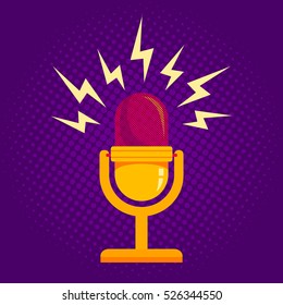 Vintage vector illustration of retro microphone and loud sound. Microphone on halftone background.